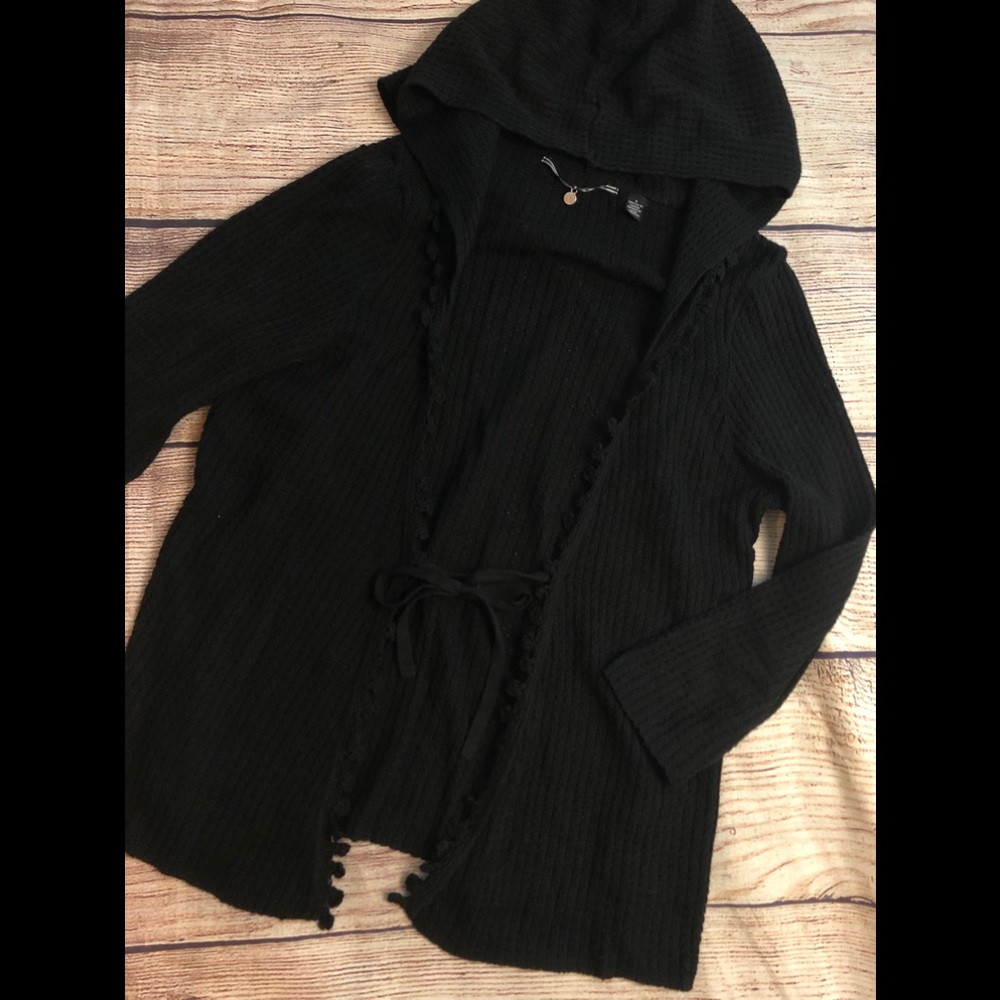 Knitted knotted S Anthro black hooded tie cardigan